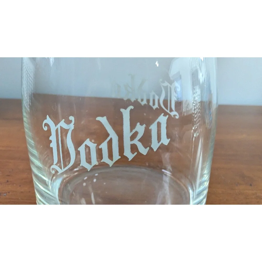 Vintage Clear Glass Vodka Decanter with Stopper Etched Gothic Font Barware